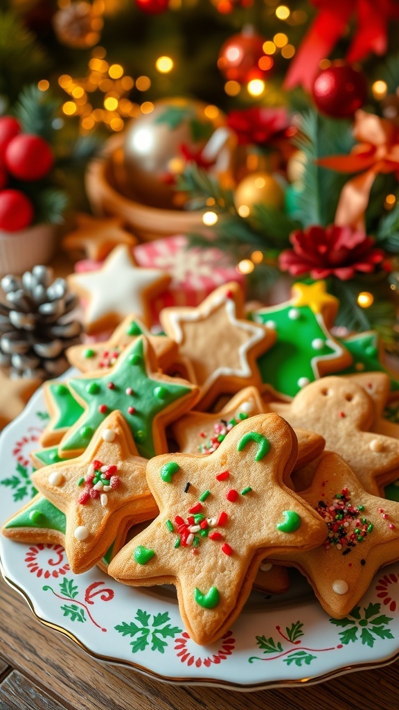 A plate of decorated Christmas cookies in festive shapes with holiday decorations in the background.